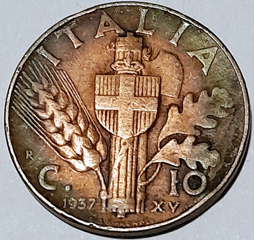 1937 Italia Italy Facismo 10 Centesimo Moneda