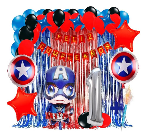 Kit Decoracion Capitan America Azul Rojo Numero Cortina