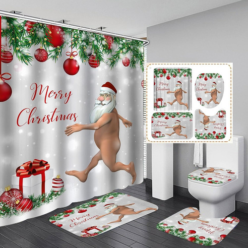 Juegos De Baño Navideños Cortina De Ducha Impermeable 4 Set