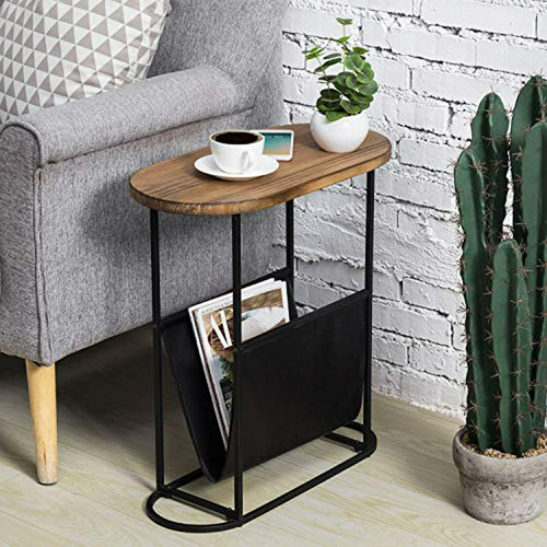 Mesa Lateral Ovalada De Madera Rústica Y Metal Negro Con Rev