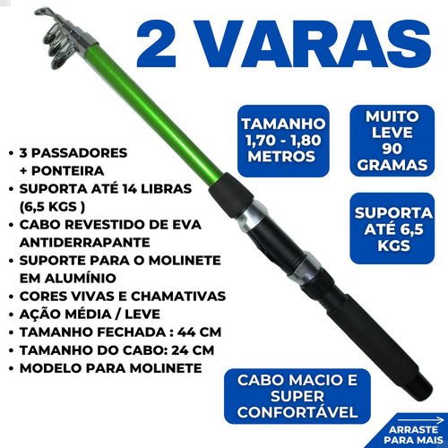 Pescamping Kit Pesca Completo 2 Varas Telescópica Fibra De Vidro E 2 Molinetes Leve Com Linha - Maleta Com Acessórios Bóias Chumbadas Anzóis Isca E Mais Tralha De Pescaria