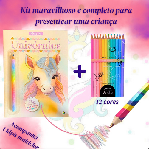 Kit Livro Unicórnio + Lápis Arco Íris + Cx 12 Lápis De Cor Pastel Presente Dia Das Crianças Livro Para Colorir Com + De 40 Desenhos Incríveis Brinquedo Infantil