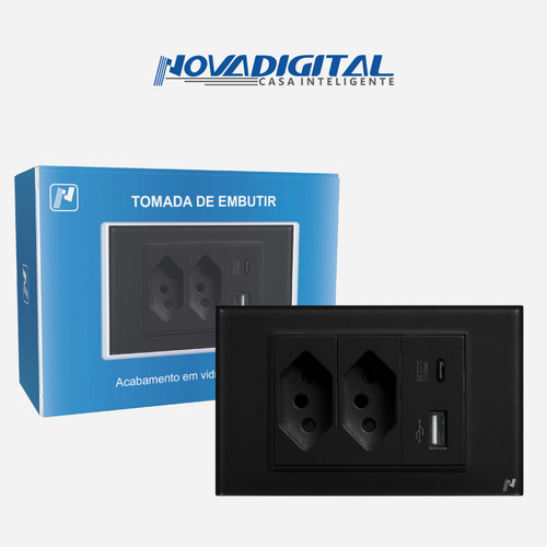 Tomada 4x2 Espelho De Vidro Dupla 10 E 20a Similar A Livolo Cor Preto