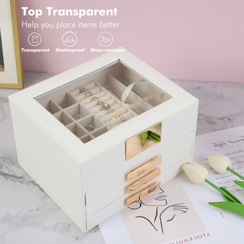 Caja Almacenamiento Joyas Mujer Tapa Cristal 4 Capas Organiz