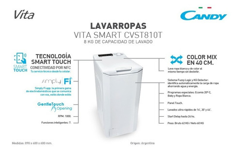 Imagen 2 de 2 de Lavarropas Candy Carga Superior Cvst810t Smart 8 Kg 1000 Rpm
