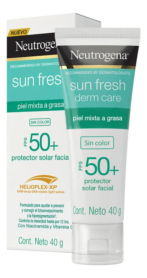 Protector Solar Facial sin color Neutrogena Sun fresh Derm care Niacinamida FPS50+ 40 g