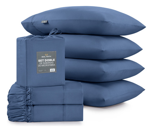 Paquete 2 Juegos Sábanas Queen Size Microfibra Real Textil Azul Liso