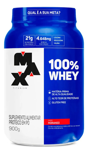 Suplemento Proteína 100% Whey Protein 900g Max Titanium Sabor Morango