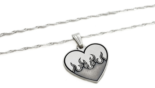 Cadena Y Dije Corazón Llamas Fuego Ardiente Plata 925 Plata 925 50 Cm