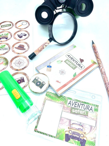 Kit Aventura Safari Explorador Binoculo Lanterna Lupa