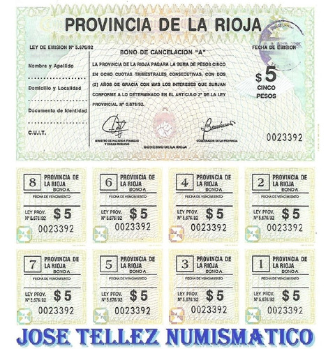 Bono La Rioja $5 Ley Prov N°5676/92 Año 1992 Unc Palermo