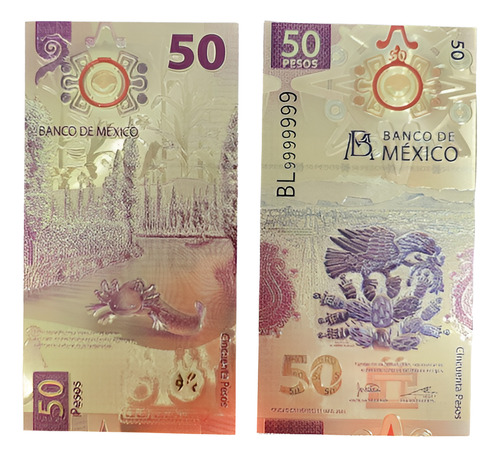 3 Billetes 50 Pesos Ajolote Dorado Oro Laminado México Suert