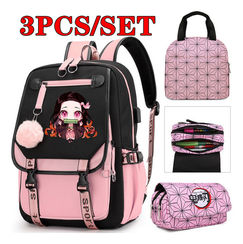 Juego De 3 Mochilas Escolares Demon Slayer Nezuko