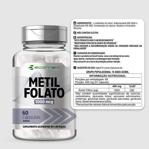 Metilfolato L Metil 1000mcg Ácido Fólico Ativo 60cáp Ecomev Sabor Sem sabor
