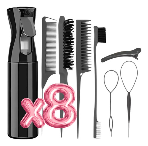 Kit Peinado 8pzs Cepillo Peine Botella Atomizador Peluquería Color Negro