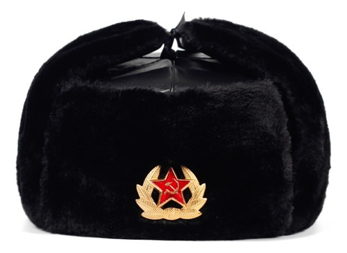 Ushanka Boina Preta Com Distintivo Comunista Soviético