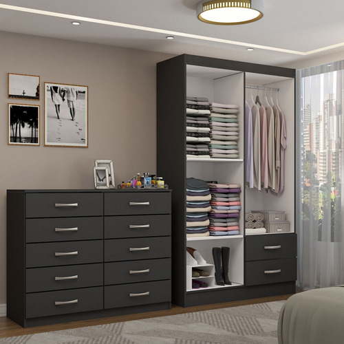 Guarda-roupa Mila 4 Portas Com Cômoda Preto