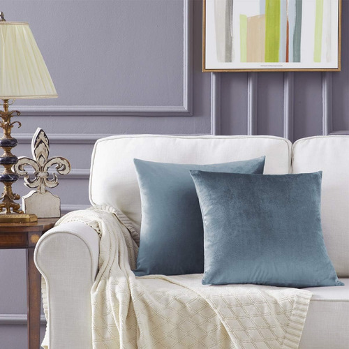 Funda De Almohada Decorativa 60x60 Cm Terciopelo Gris Y Azul