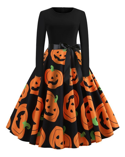 Vestido Elegantes Dama Con Estampado Calabaza De Halloween