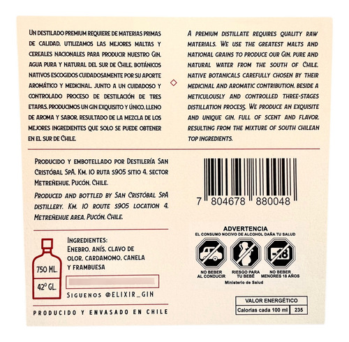 Gin Elixir Botella 750ml (producido En Pucón - Chile)