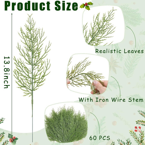 60 Pcs Pelocas De Navidad Ramas De Pino Artificial De 13.7 P
