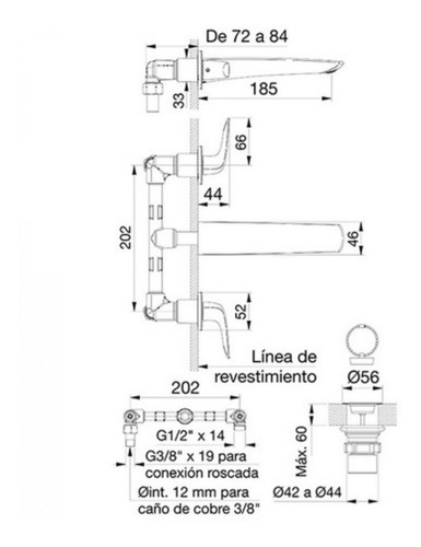 Imagen 4 de 4 de Griferia Baño Fv Ducha Lavat Pared Bidet Epuyen Dual Cuota