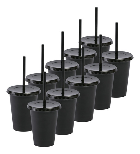 12 Vasos Reusables Tipo Star 12 Oz Con Tapa Plana Negro