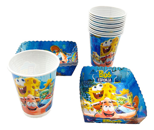 Kit 12 Vasos 12 Platos Decorativos  Bob Esponja Marino