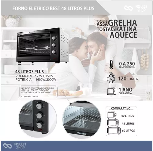 Forno Elétrico Best Plus Com 48 Litros, Timer, Seletor de Temperatura e  1600W Preto