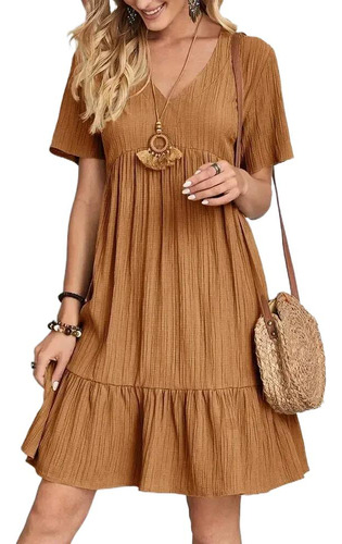 Vestido Midi De Manga Corta Con Cuello En V Para Mujer