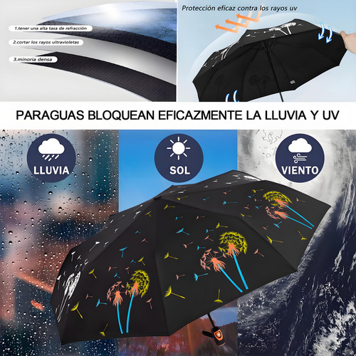 Paraguas Sombrilla portátil 8 Varillas con Protección UV color negro diseño diente de león