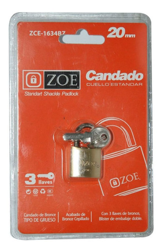 Candado Cuello Estandar 20mm, Bronce Cepillado