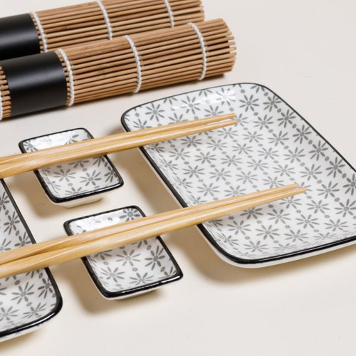 Set Para Sushi De Ceramica Para Dos Personas Ideal Verde Gris Floreado