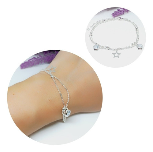 Pulsera Doble Acero Blanco Dijes Puntos De Luz Y Estrella