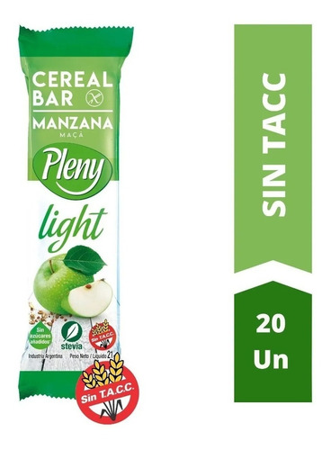 Barra De Cereal Pleny Manzana Stevia Light 21gr X20 Sin Tacc