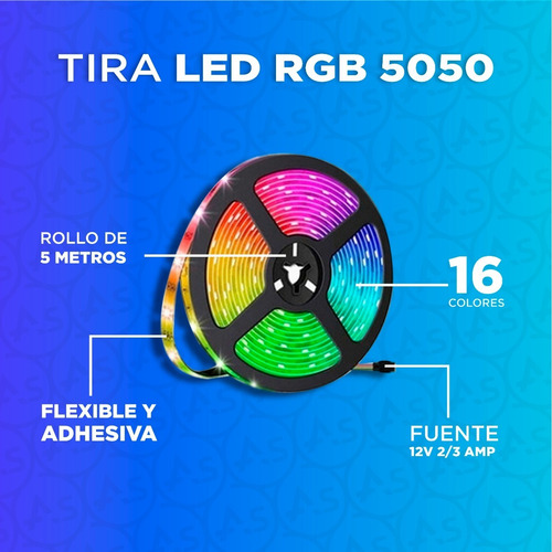 Imagen 3 de 9 de Tira Luces Led Kit Completo Rgb 5050 Control Fuente Colores