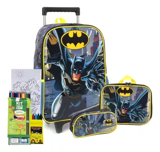 Kit Mochila Estojo E Lancheira Batman Preto Orginal Dc