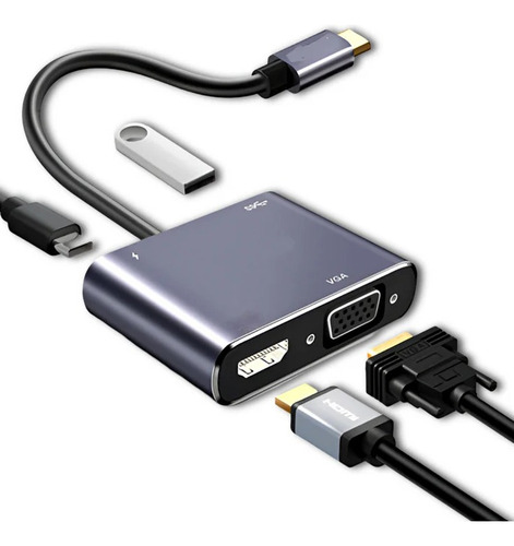 Hub Adaptador 4 En 1 Usb-c A Hdmi 4k + Vga + Usb 3.0+ Usb C