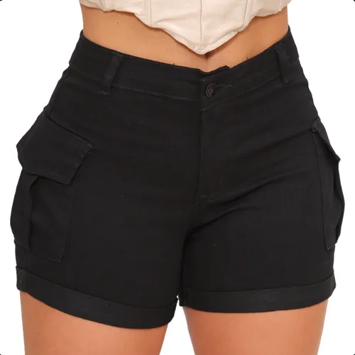 Short Jeans Feminino Shorts Cargo Com Lycra Cintura Alta