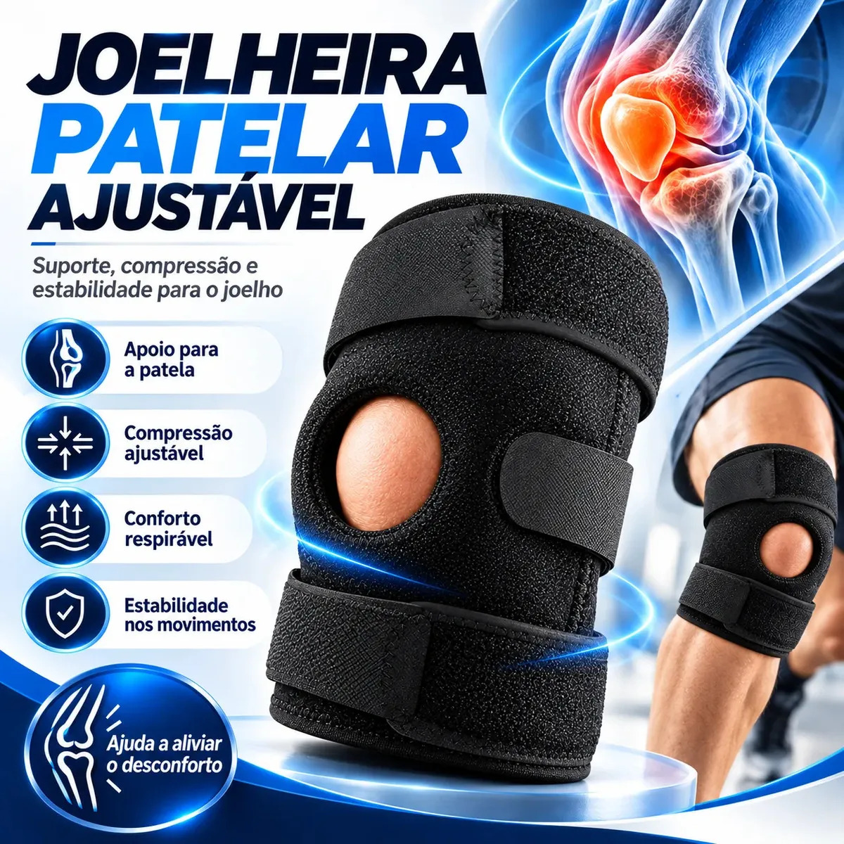 Joelheira Ortopédica de Compressão Patelar Ajustável com Tiras e Velcro Suporte para Joelho Tensor Esportivo para Treino Academia Caminhada e Atividades Diárias Tamanho Único DOK MEDICAL SUPPLIES