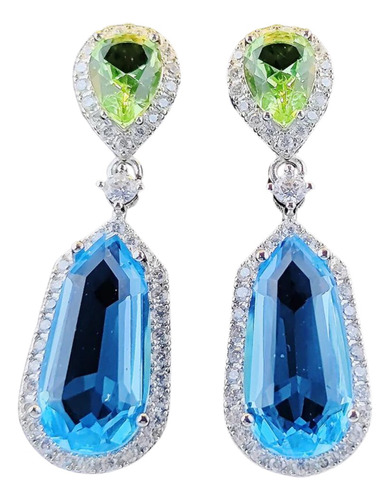 Aretes Zirconia Azul Con Verde Piedras Fiesta Elegantes 