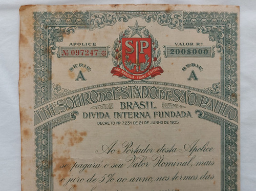 Apólice Do Thesouro De São Paulo Ano 1935 200$000 Com Cupões