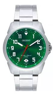 Relógio de pulso Orient MBSS1154A com corpo prata, analógico, para masculino, fundo verde, com correia de aço inoxidável cor prata, agulhas cor verde, branco e vermelho, subdials de cor branco, pont