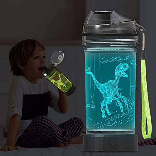 Botella De Agua Con Luz De Dinosaurio - 14 Oz Tritan Bpa