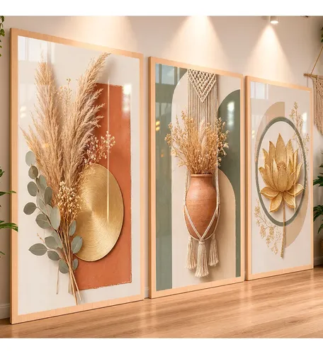 Quadros Decorativos Jarro Folhas Flor Bege Linho Sala 122x60 Carvalho