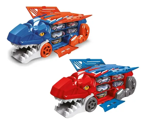 Caminhão Dinossauro 6 Carrinhos Pista 2x1 Dinobot Maxi Toys Azul