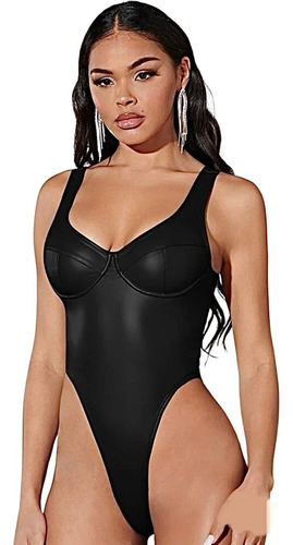 Body Negro Eco Cuero Sexy Cavado Importado Mujer Shein