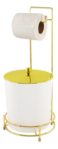 Papeleira De Chão Com Suporte Lixeira 5 Litros Dourado Luxo Cor Branco
