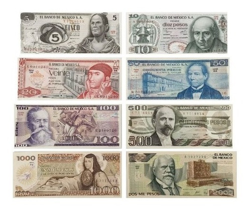 Set Billetes Mexico 5, 10, 20, 50, 100, 500, 1000 Y 2000