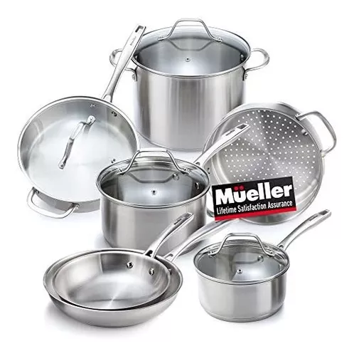 Mueller - Juego de ollas y sartenes de 17 piezas, juego de utensilios de  cocina Ultra-Clad Pro de acero inoxidable, mango ergonómico EverCool,  incluye